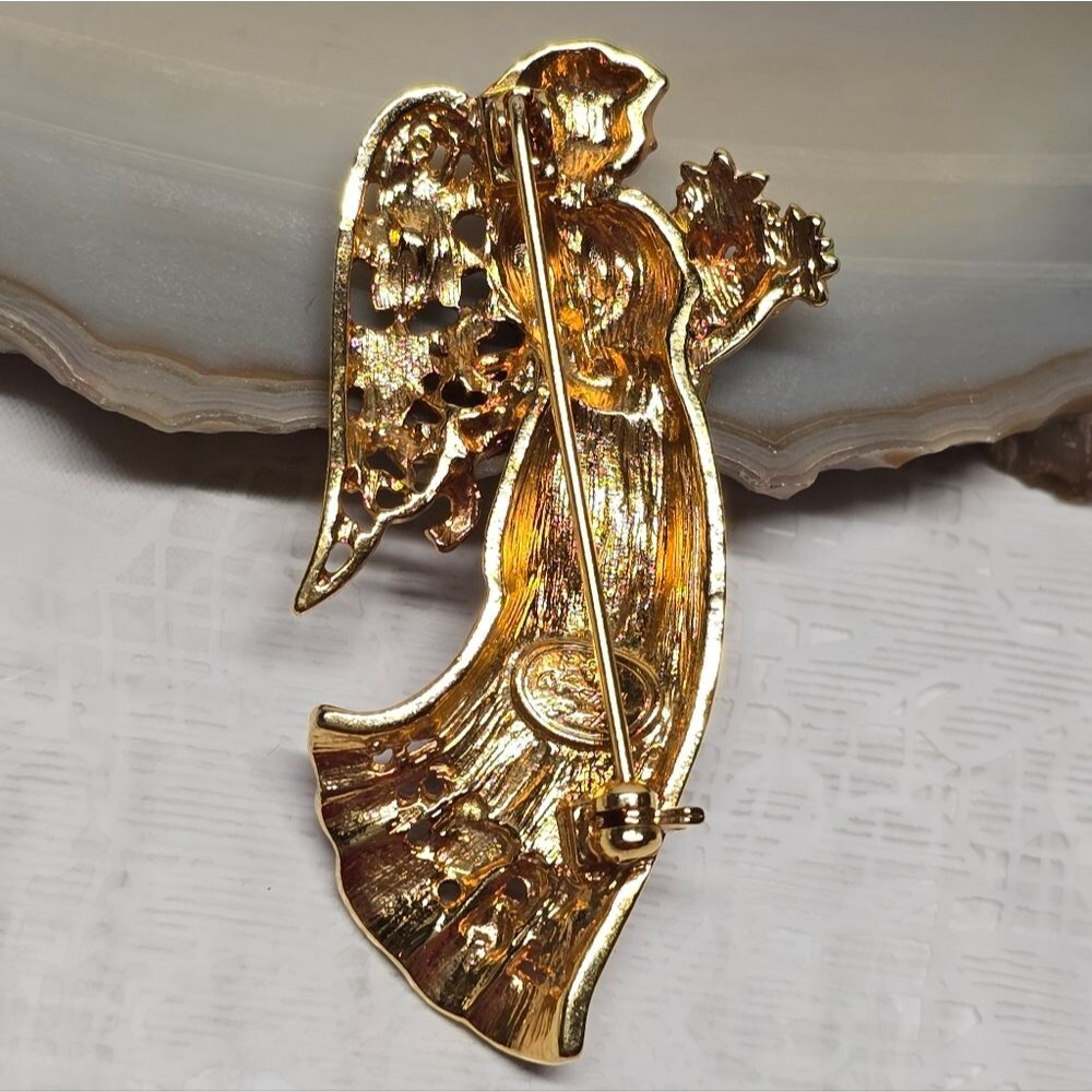 Christopher Radko Christmas Angel Brooch Gold Tone Red Enamel Signed Rare VTG - Picture 7 of 9